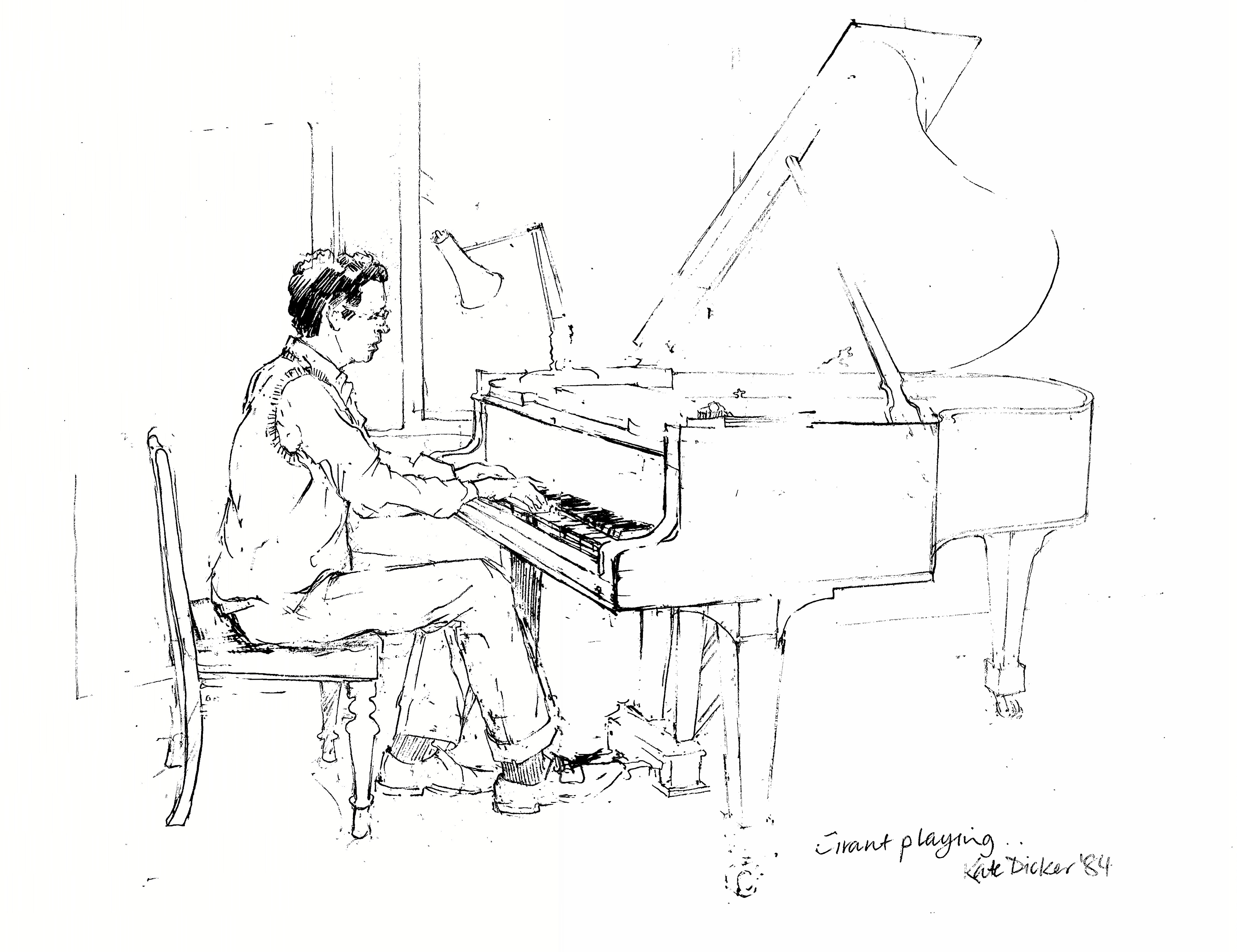 Grant at piano black and white sketch